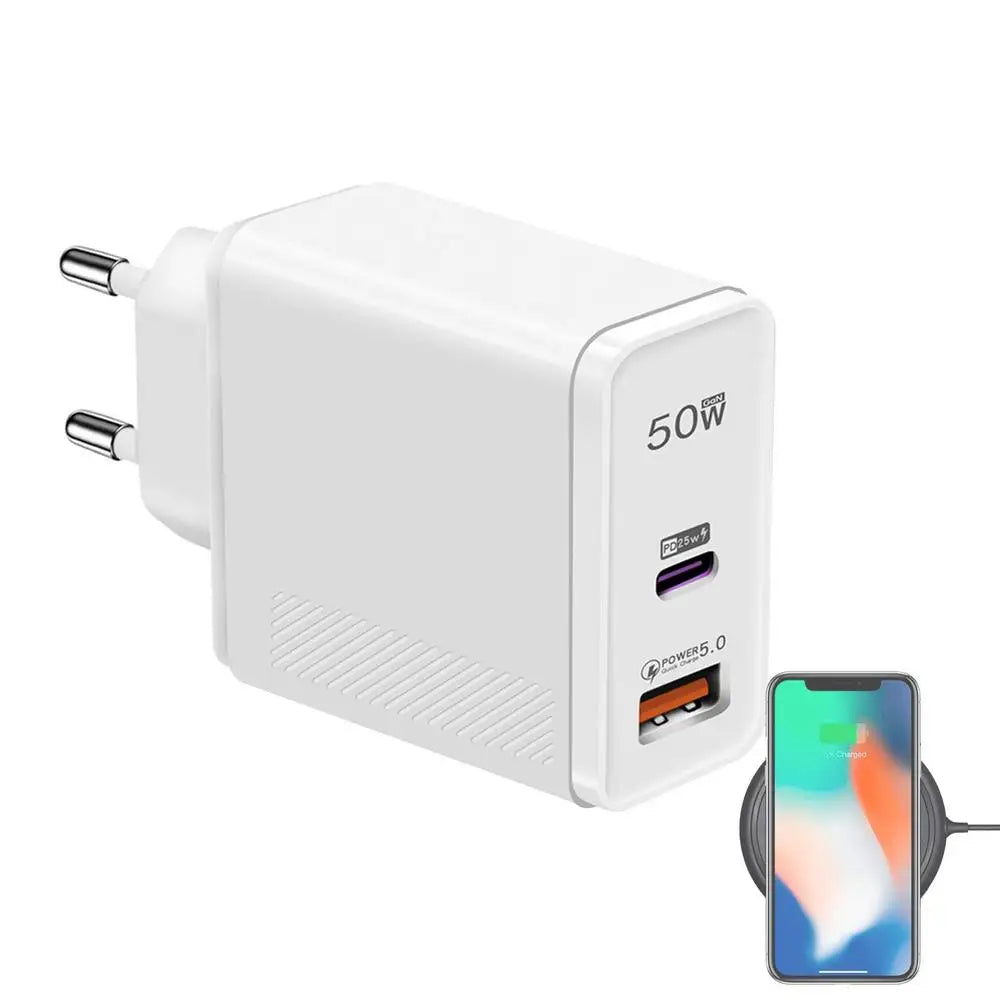 GaN Charger Plug 50W GaN Dual Port Wall Charger USB Charging Block Plug Station Hub USB C & QC Power Adapter For Tablets Smart