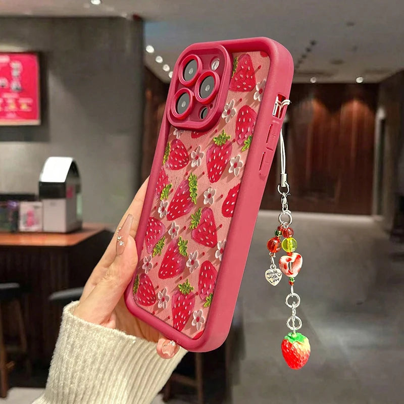 Flower Strawberry Painting Pendant Chain Phone Case For iPhone 17 16 15 14 13 12 11 Pro Max 16E XS X XR 7 8 Plus