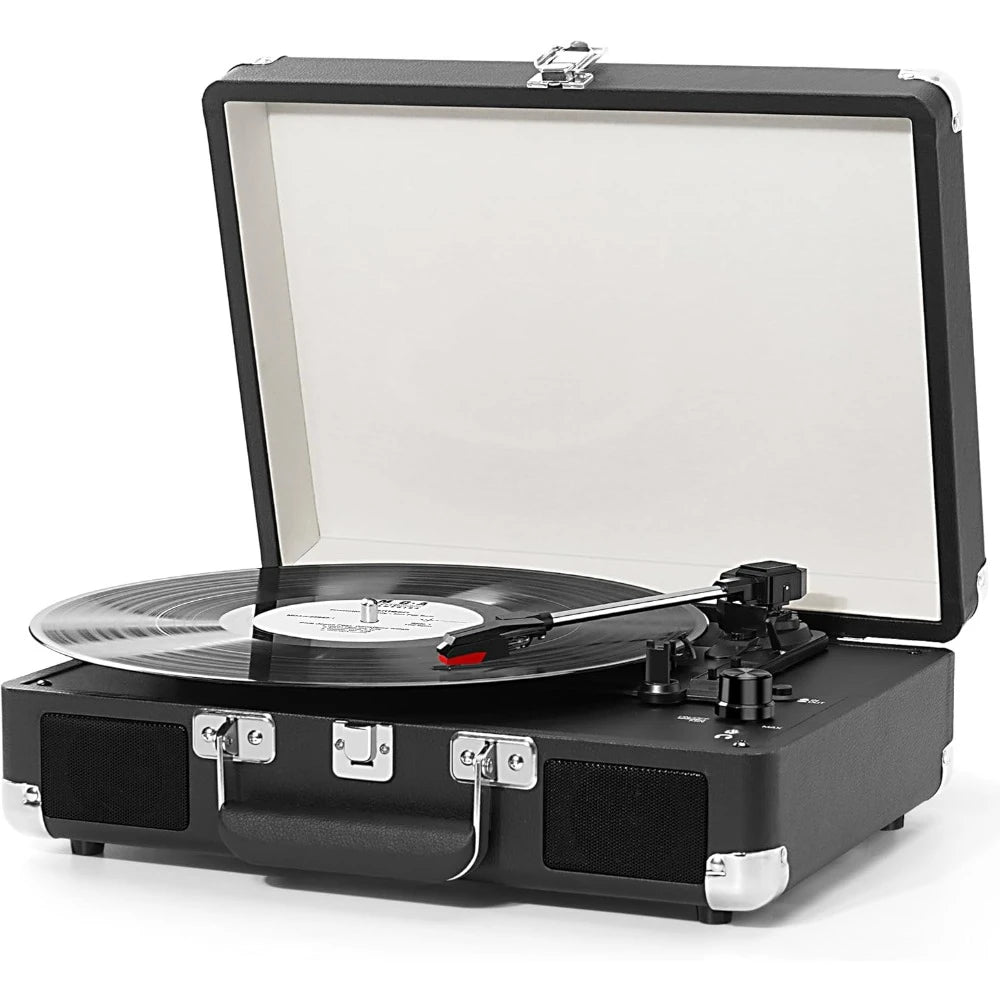 Portable Suitcase LP Player, 3-Speed Belt Drive, Bluetooth Vinyl Record Player