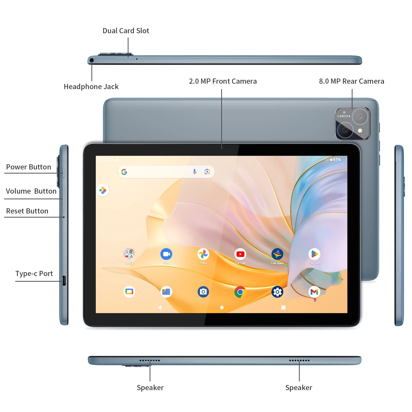 PRITOM Android 14 Tablet 10.1 Inch, 8GB(4+4 Expand) RAM + 128GB ROM, Octa Core, 5G WiFi