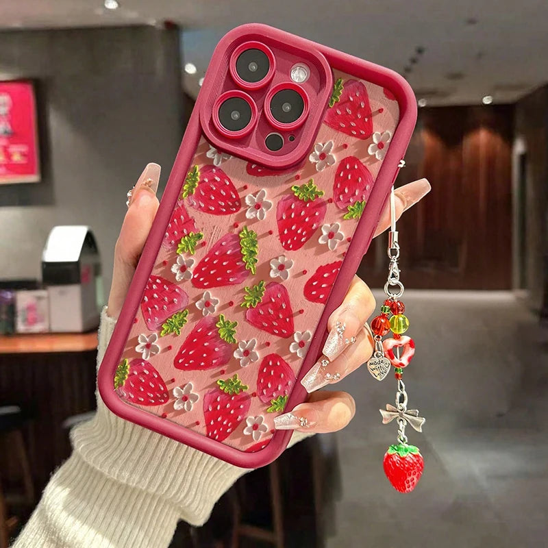 Flower Strawberry Painting Pendant Chain Phone Case For iPhone 17 16 15 14 13 12 11 Pro Max 16E XS X XR 7 8 Plus