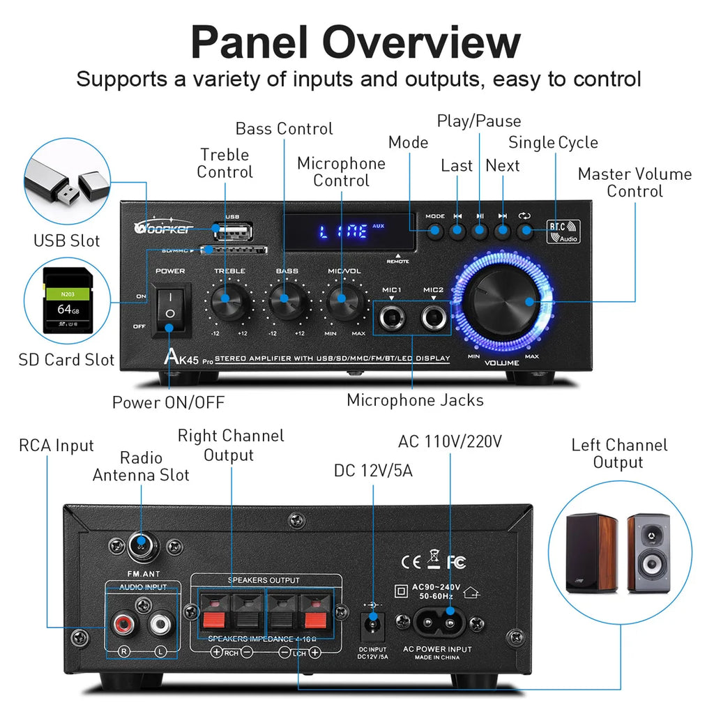 Woopker AK45 Pro Audio Amplifier Max Output 820W Channel 2.0 Bluetooth AMP Karaoke