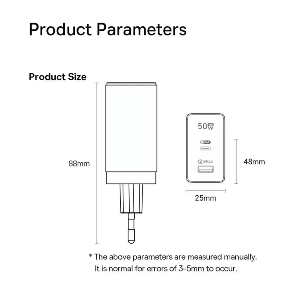 GaN Charger Plug 50W GaN Dual Port Wall Charger USB Charging Block Plug Station Hub USB C & QC Power Adapter For Tablets Smart