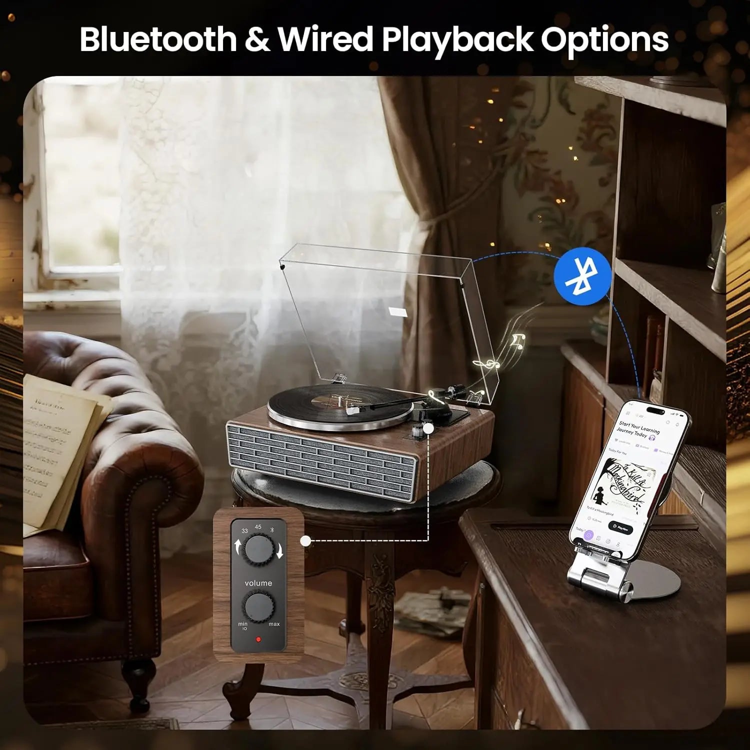 XJ-HOME All in One Vinyl Record Player with 4 Treble/Bass Stereo Speakers,Bluetooth AT-3600L,Phono Preamp,33/45RPM,2-Speed,AUX in/RCA Out