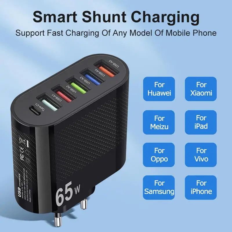 65W USB Charger 6 Ports Fast Charging PD Type C Phone Adapter