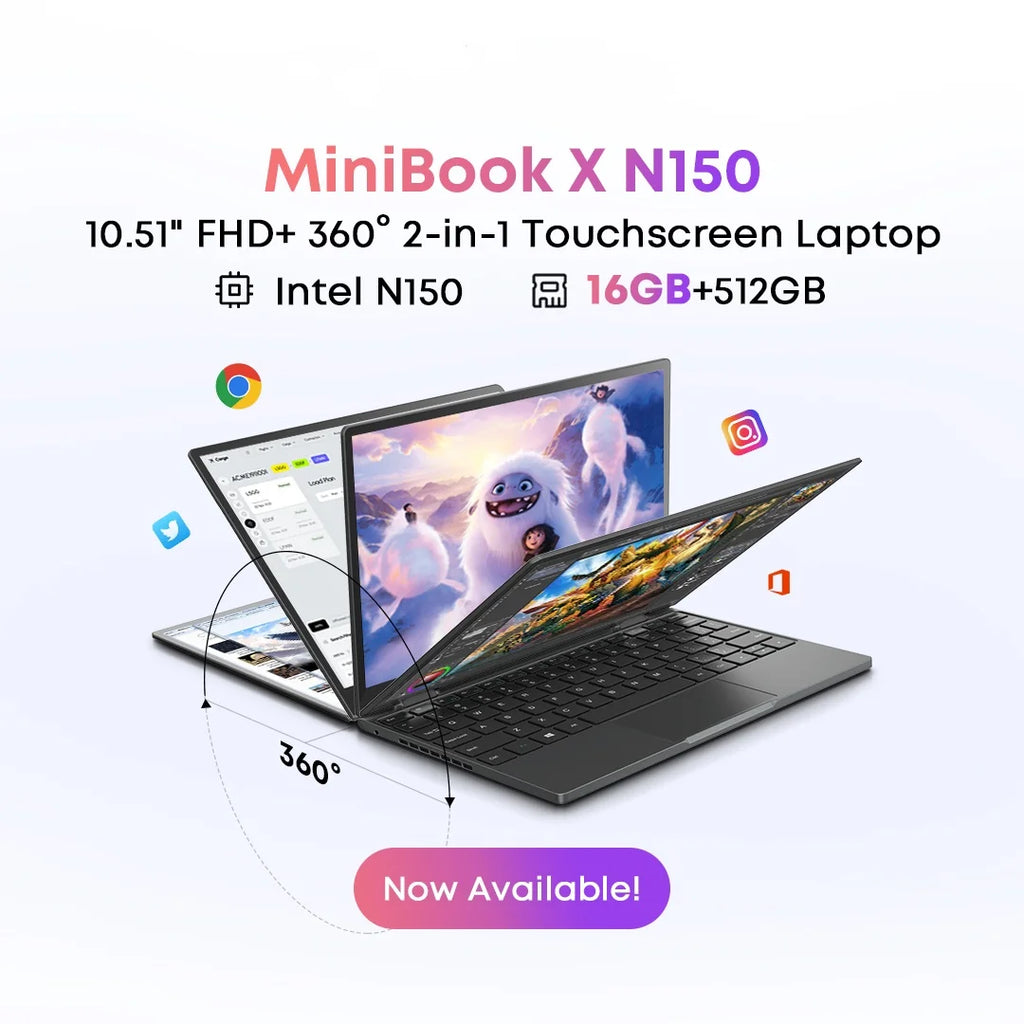 CHUWI MiniBook X 2 in 1 Laptop Intel N150(up to 3.6GHz) 512GB ROM 16GB LPDDR5 Windows 11 Notebook