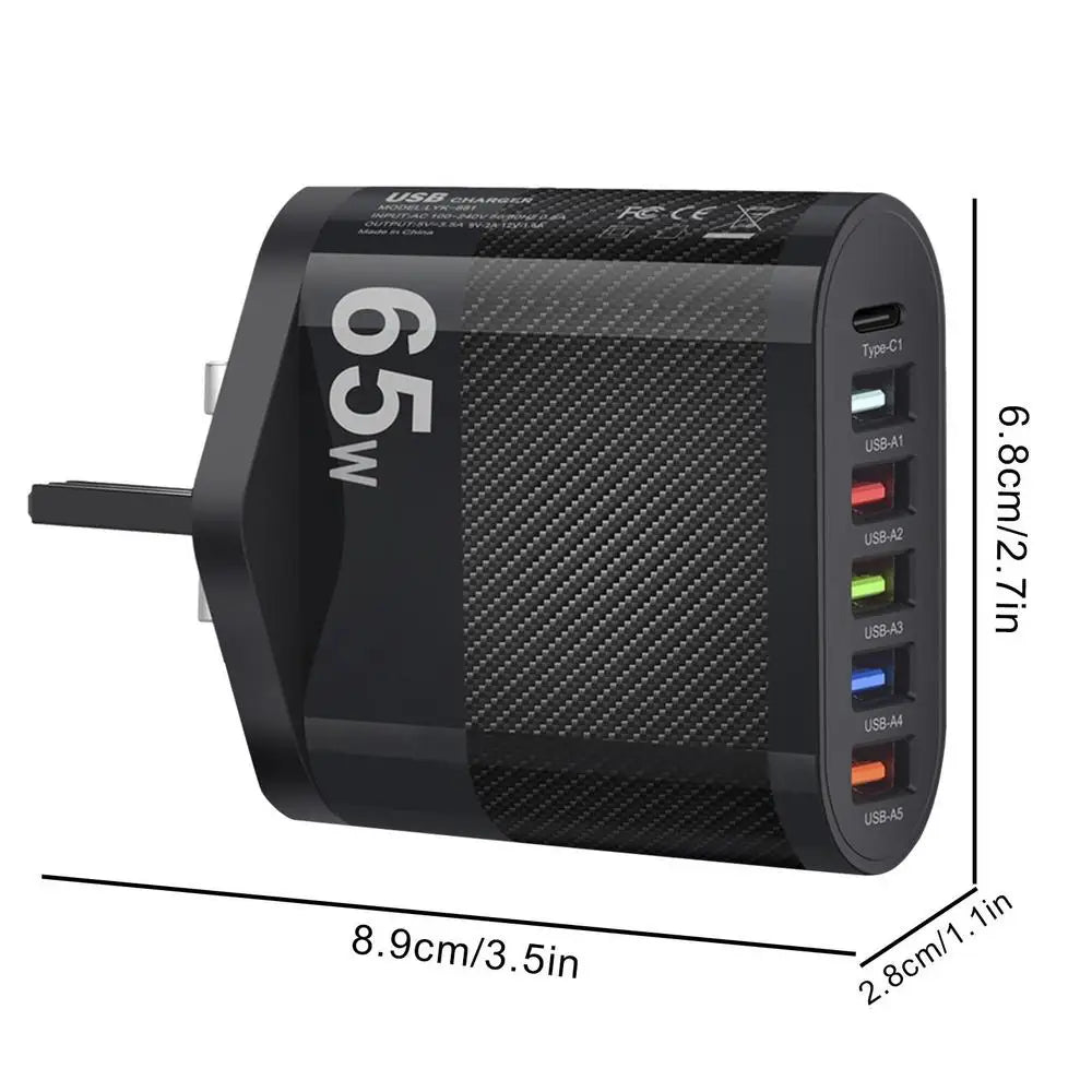 65W USB Charger 6 Ports Fast Charging PD Type C Phone Adapter