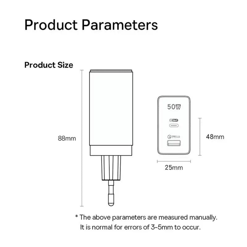 GaN Charger Plug 50W GaN Dual Port Wall Charger USB Charging Block Plug Station Hub USB C & QC Power Adapter For Tablets Smart