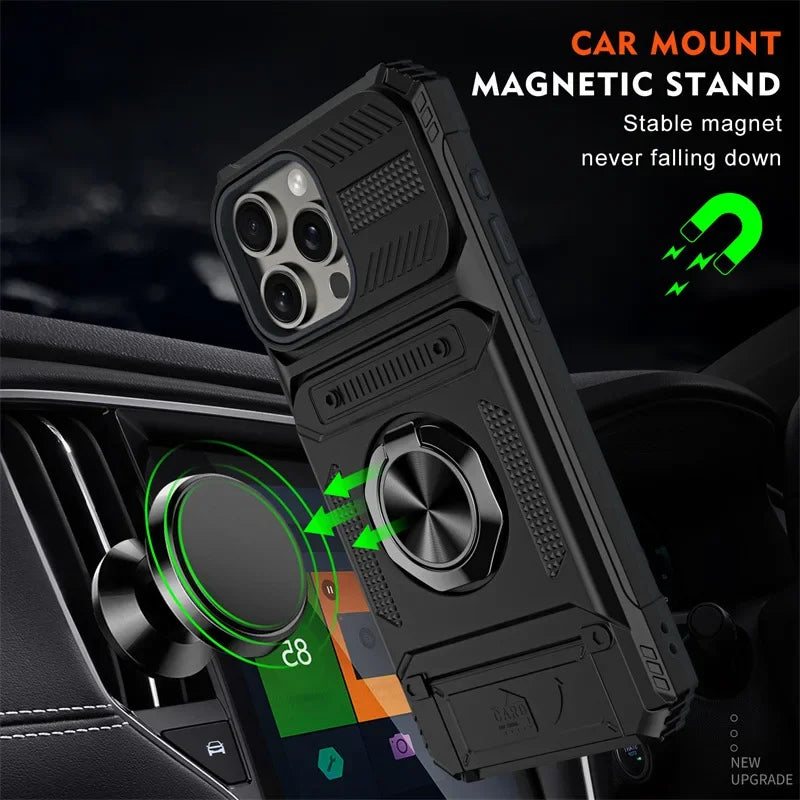 Heavy Duty Hard Phone Case with Card Slot Holder for iPhone Air 17 to 11 Pro Max