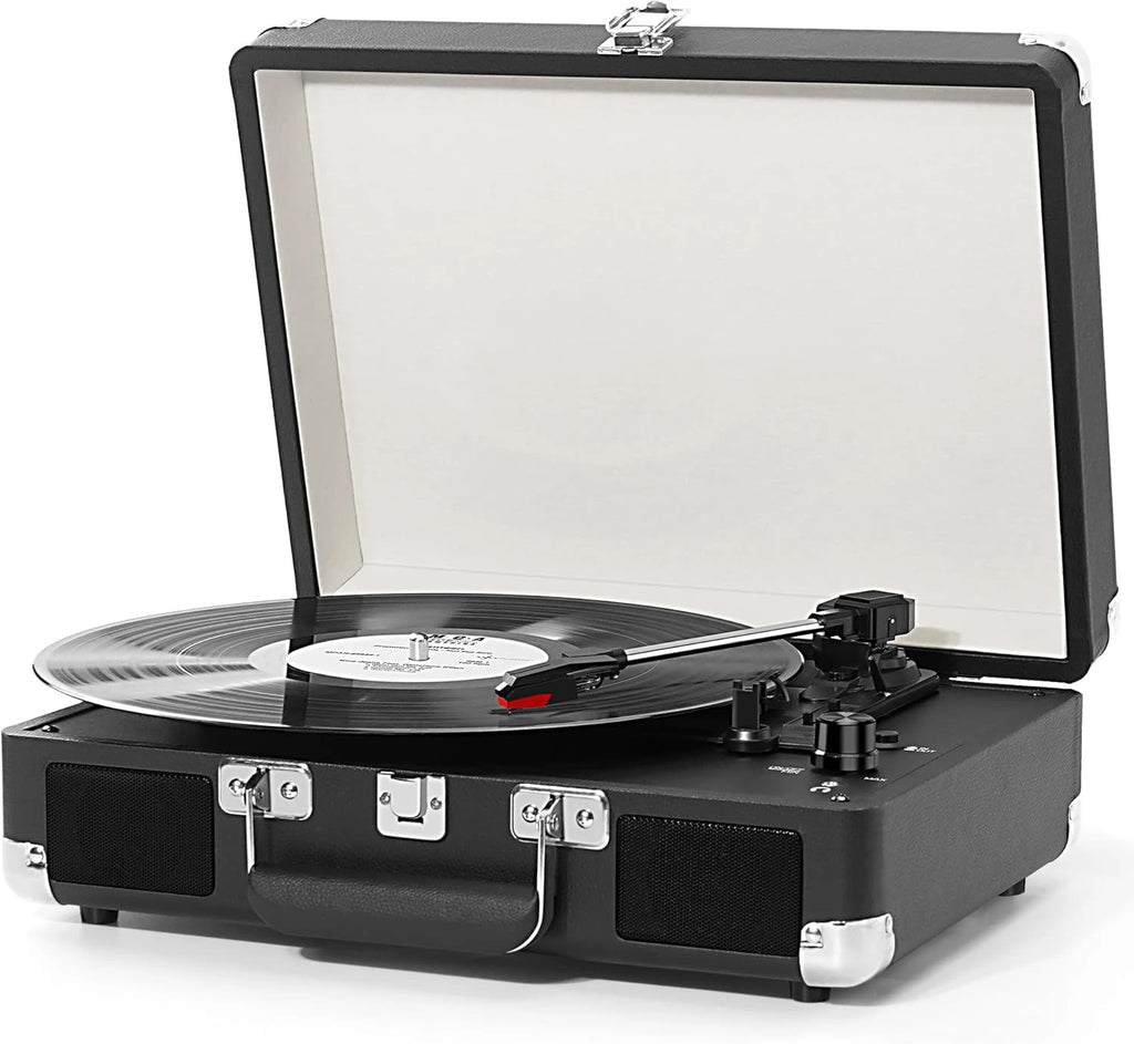 Portable Suitcase LP Player, 3-Speed Belt Drive, Bluetooth Vinyl Record Player