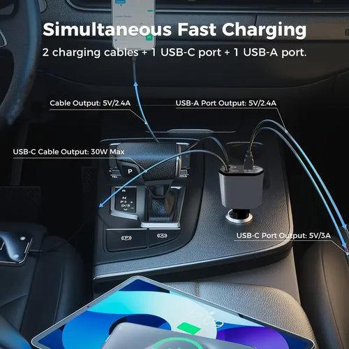 4 in 1 120W Car Charger Retractable Car Cigarette Lighter Adapter USB Type C Fast Charger Cable