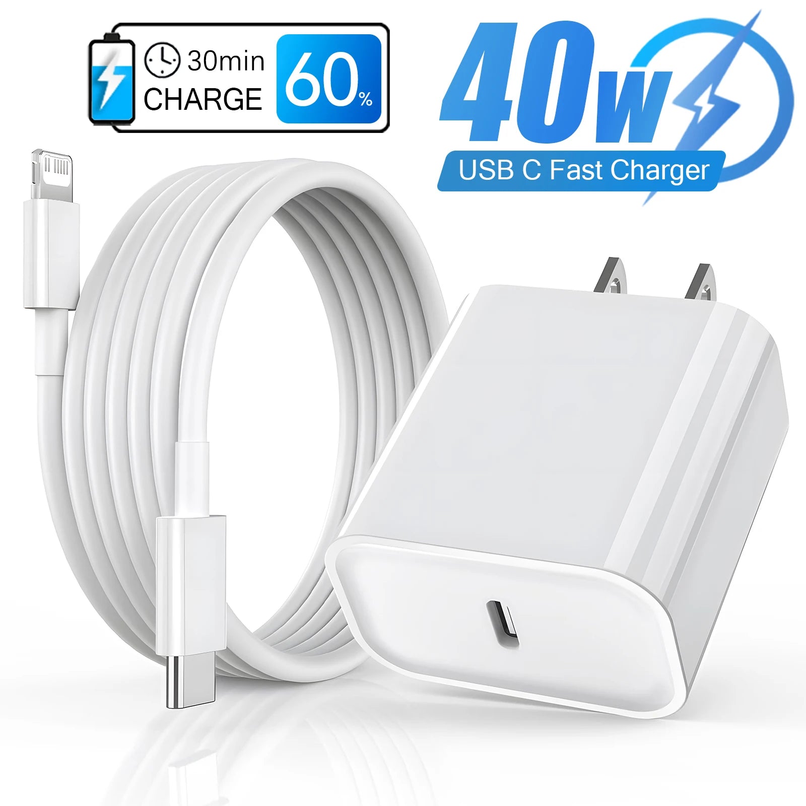 40W Fast Charger For iPhone 14 13 12 11 Pro Max X XS iPad USB Type C Fast Charging Data Cable