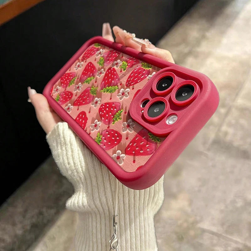 Flower Strawberry Painting Pendant Chain Phone Case For iPhone 17 16 15 14 13 12 11 Pro Max 16E XS X XR 7 8 Plus