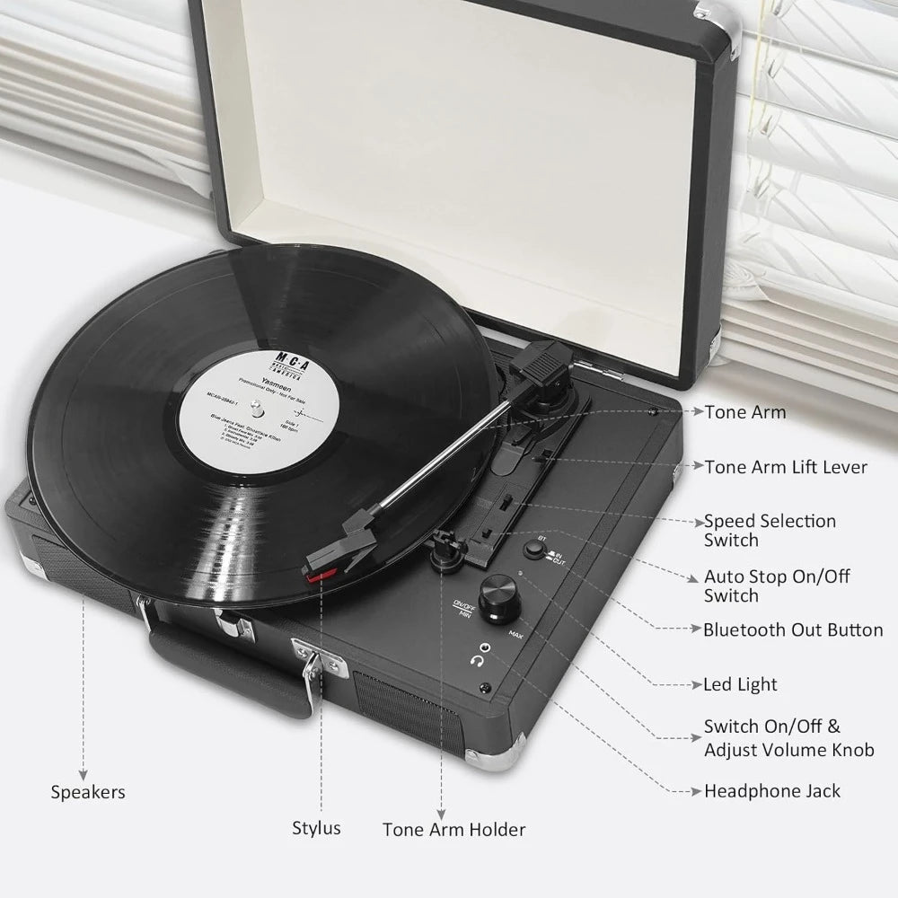 Portable Suitcase LP Player, 3-Speed Belt Drive, Bluetooth Vinyl Record Player