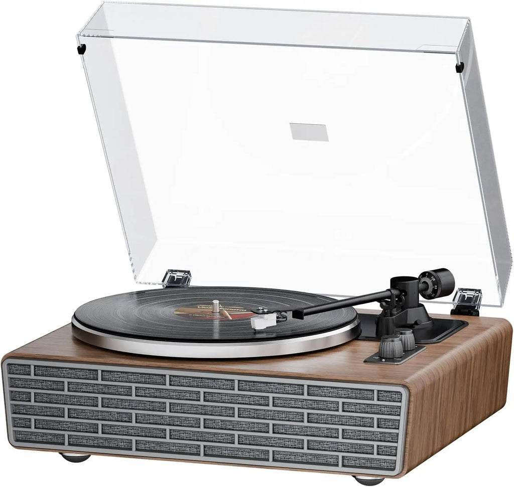 XJ-HOME All in One Vinyl Record Player with 4 Treble/Bass Stereo Speakers,Bluetooth AT-3600L,Phono Preamp,33/45RPM,2-Speed,AUX in/RCA Out