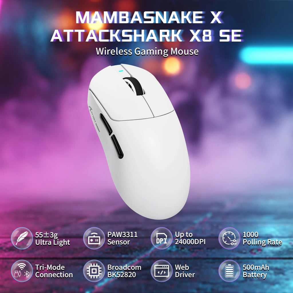ATTACK SHARK X8 SE Wireless Gaming Mouse, 55g Ultralight PAW3311 Sensor, BK52820 Chip, 25,000 DPI