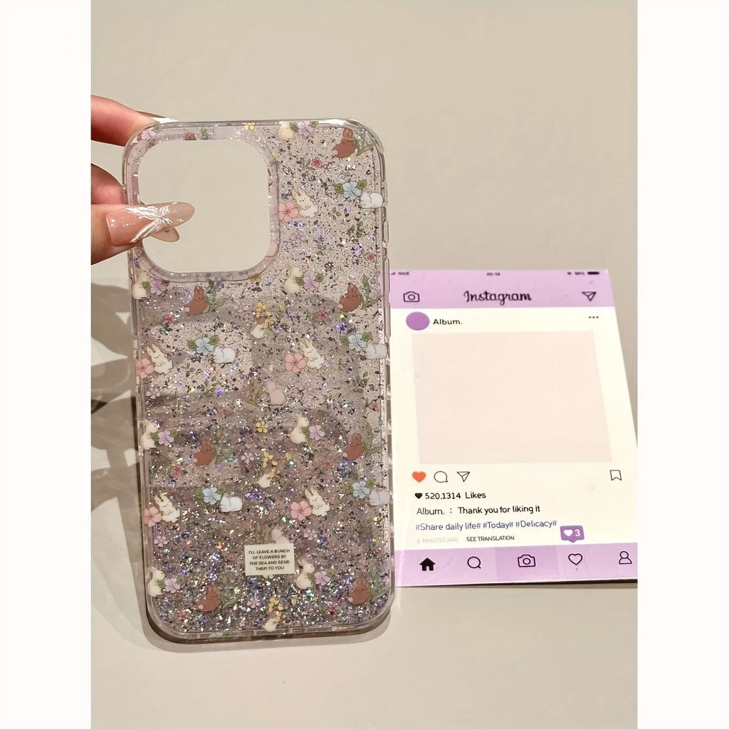 Spring Purple Flower Rabbit, Glitter Sequins Non-Slip Phone Case For 17 16 15 14 13 12 11Pro Max, Plus