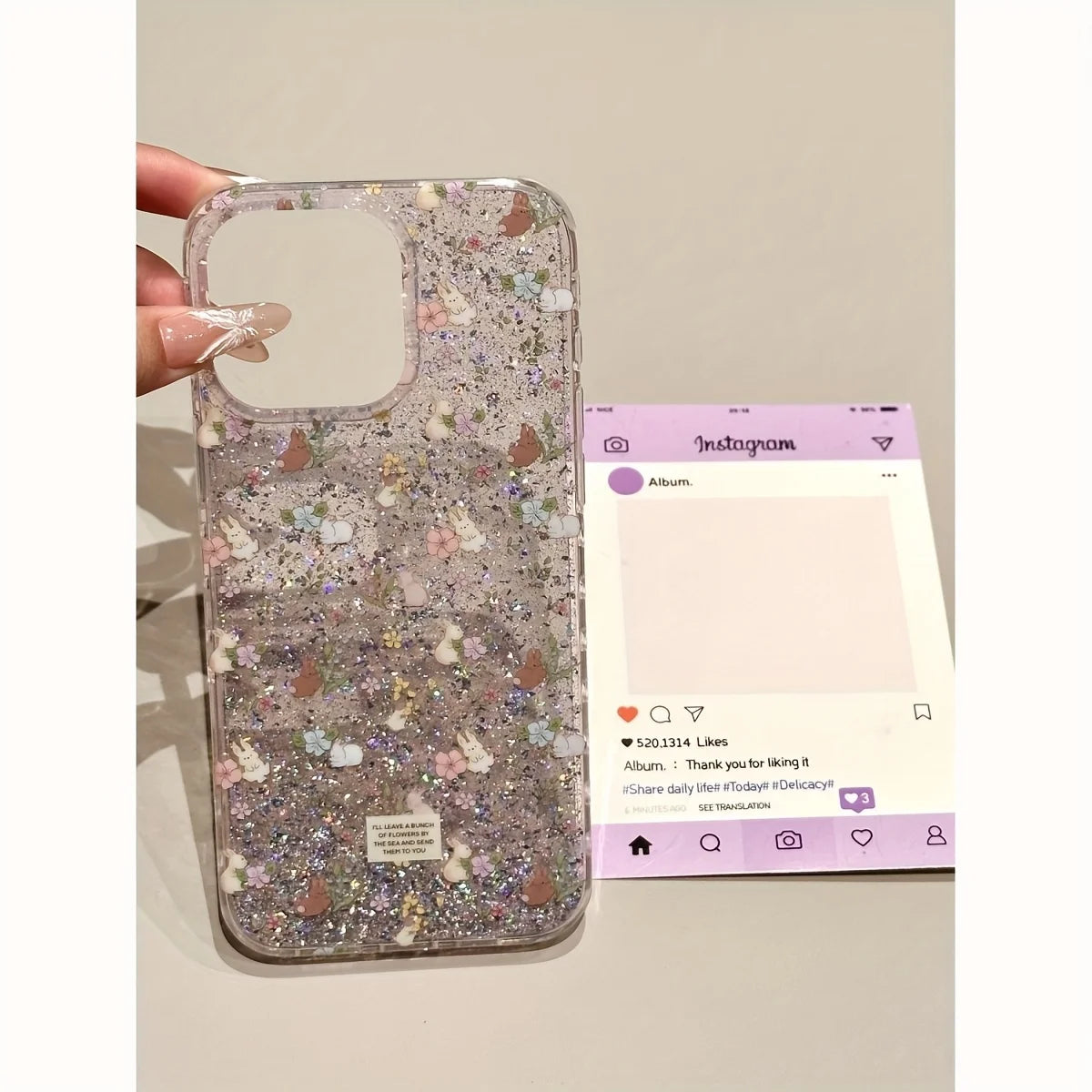 Spring Purple Flower Rabbit, Glitter Sequins Non-Slip Phone Case For 17 16 15 14 13 12 11Pro Max, Plus