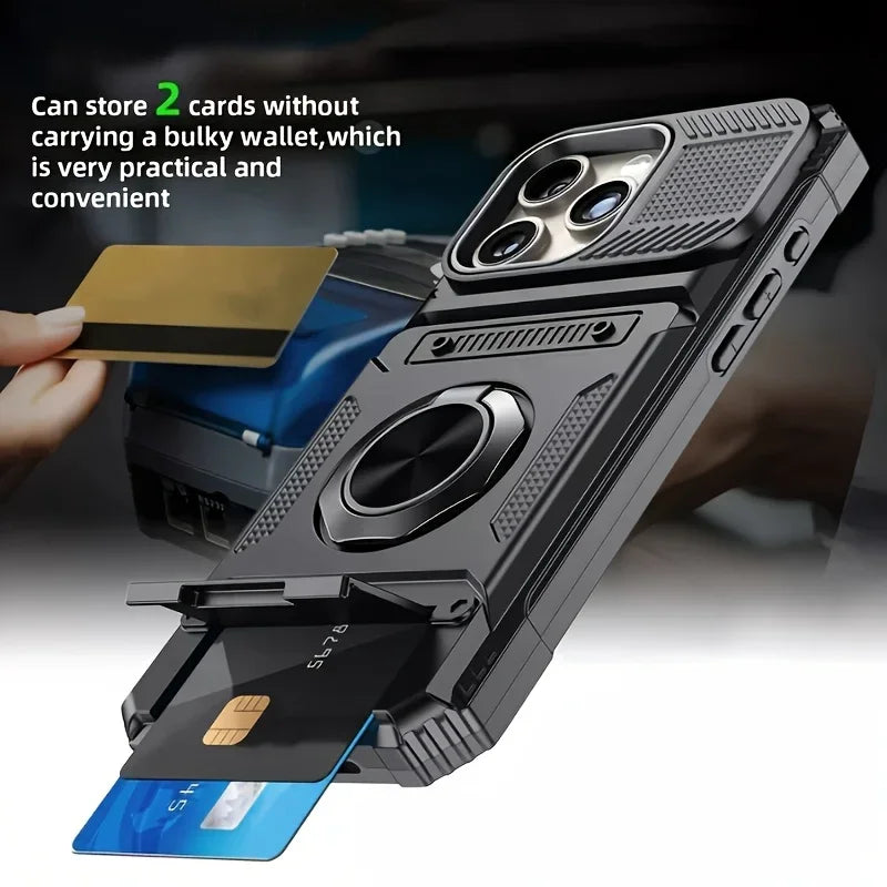 Heavy Duty Hard Phone Case with Card Slot Holder for iPhone Air 17 to 11 Pro Max