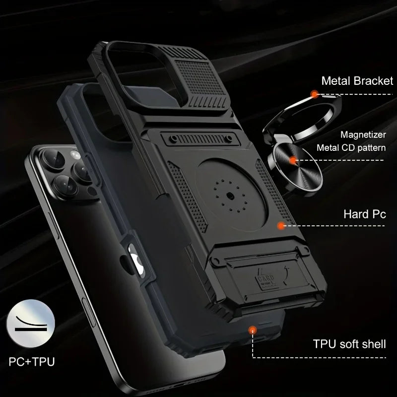 Heavy Duty Hard Phone Case with Card Slot Holder for iPhone Air 17 to 11 Pro Max