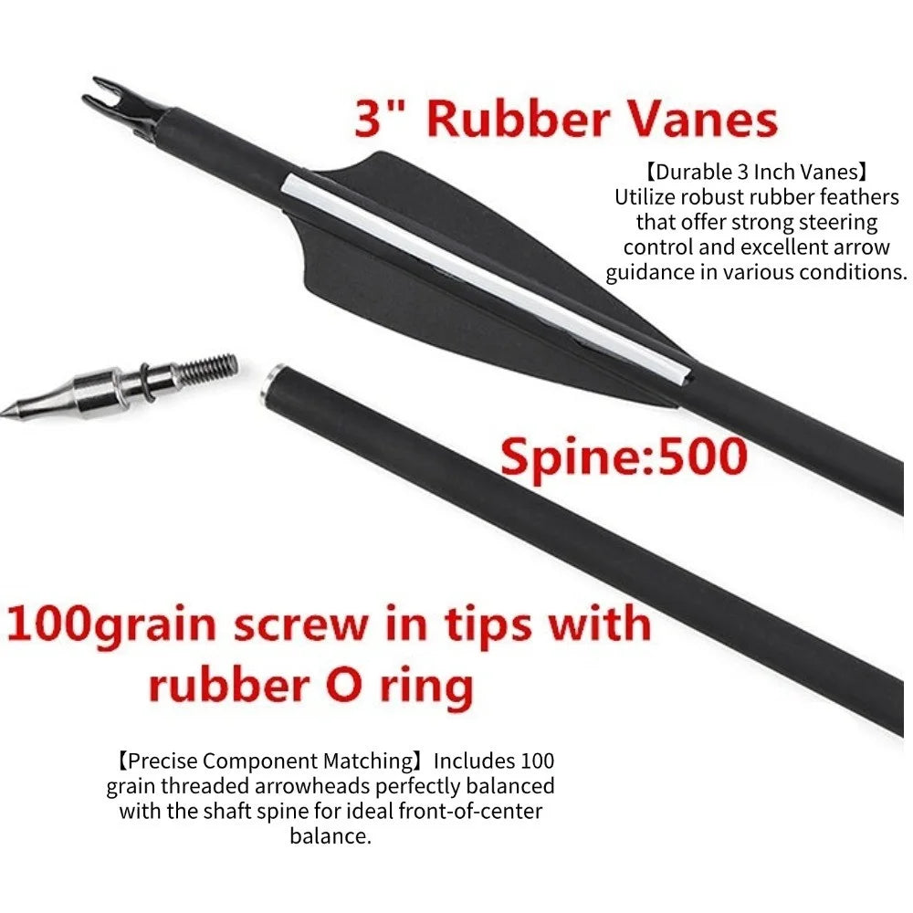Mixed Carbon Arrows 12pcs 30/31.7 Inch Spine 500 with 3" Rubber Vanes 100 Grain Tips