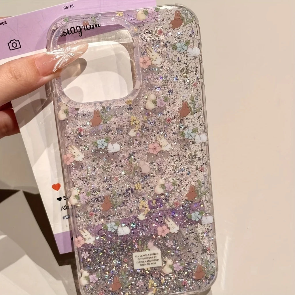 Spring Purple Flower Rabbit, Glitter Sequins Non-Slip Phone Case For 17 16 15 14 13 12 11Pro Max, Plus