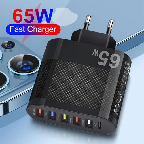 65W USB Charger 6 Ports Fast Charging PD Type C Phone Adapter