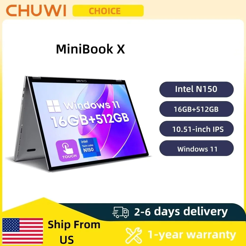 CHUWI MiniBook X 2 in 1 Laptop Intel N150(up to 3.6GHz) 512GB ROM 16GB LPDDR5 Windows 11 Notebook