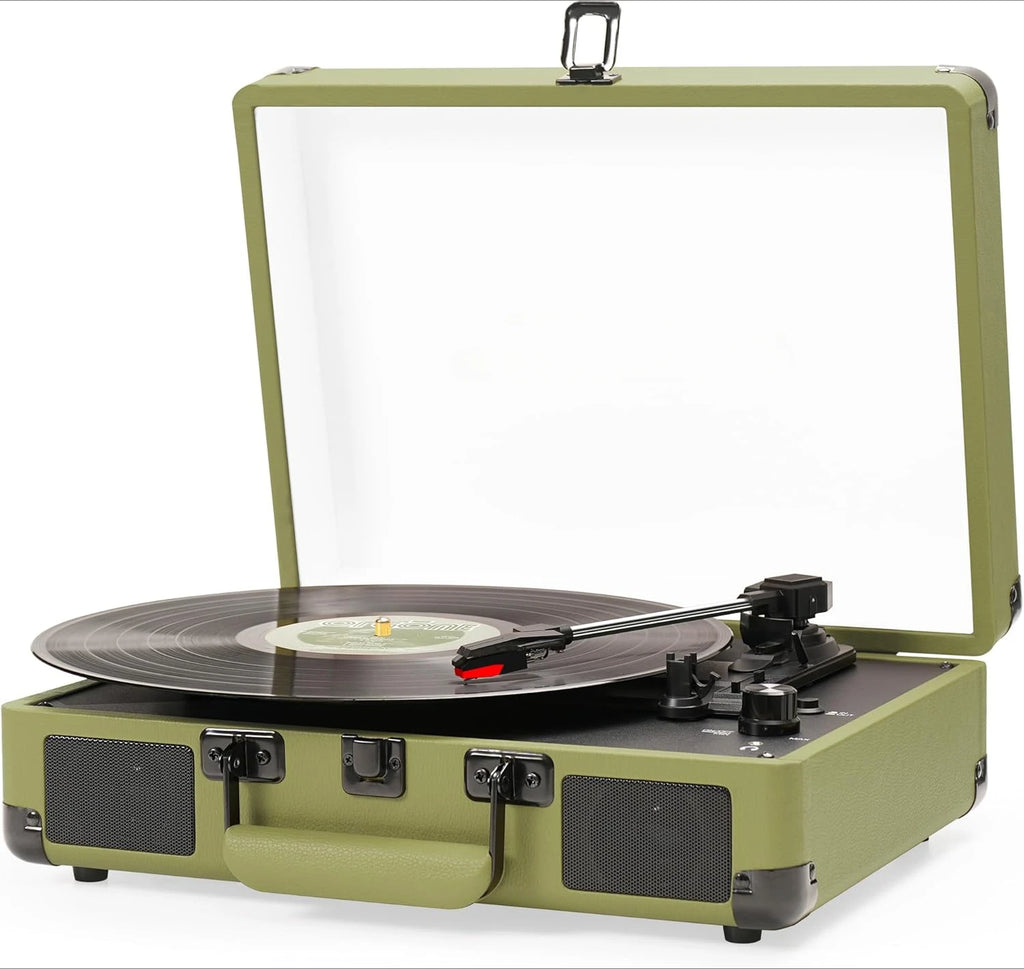 Portable Suitcase LP Player, 3-Speed Belt Drive, Bluetooth Vinyl Record Player