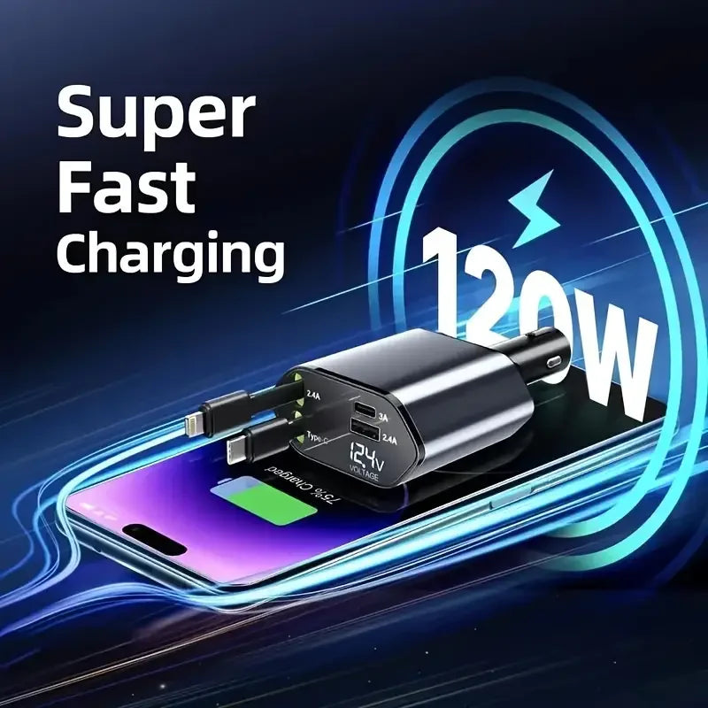 4 in 1 120W Car Charger Retractable Car Cigarette Lighter Adapter USB Type C Fast Charger Cable