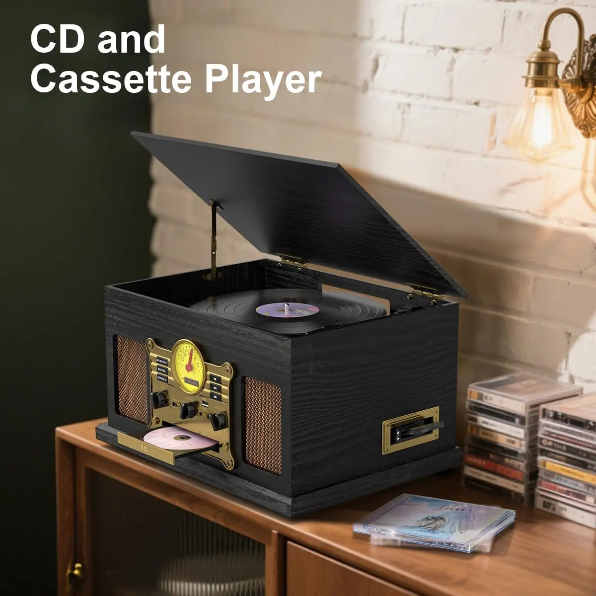 10-in-1 Vintage Bluetooth Turntable with Speakers, Vinyl CD Cassette Player & AM/FM Radio