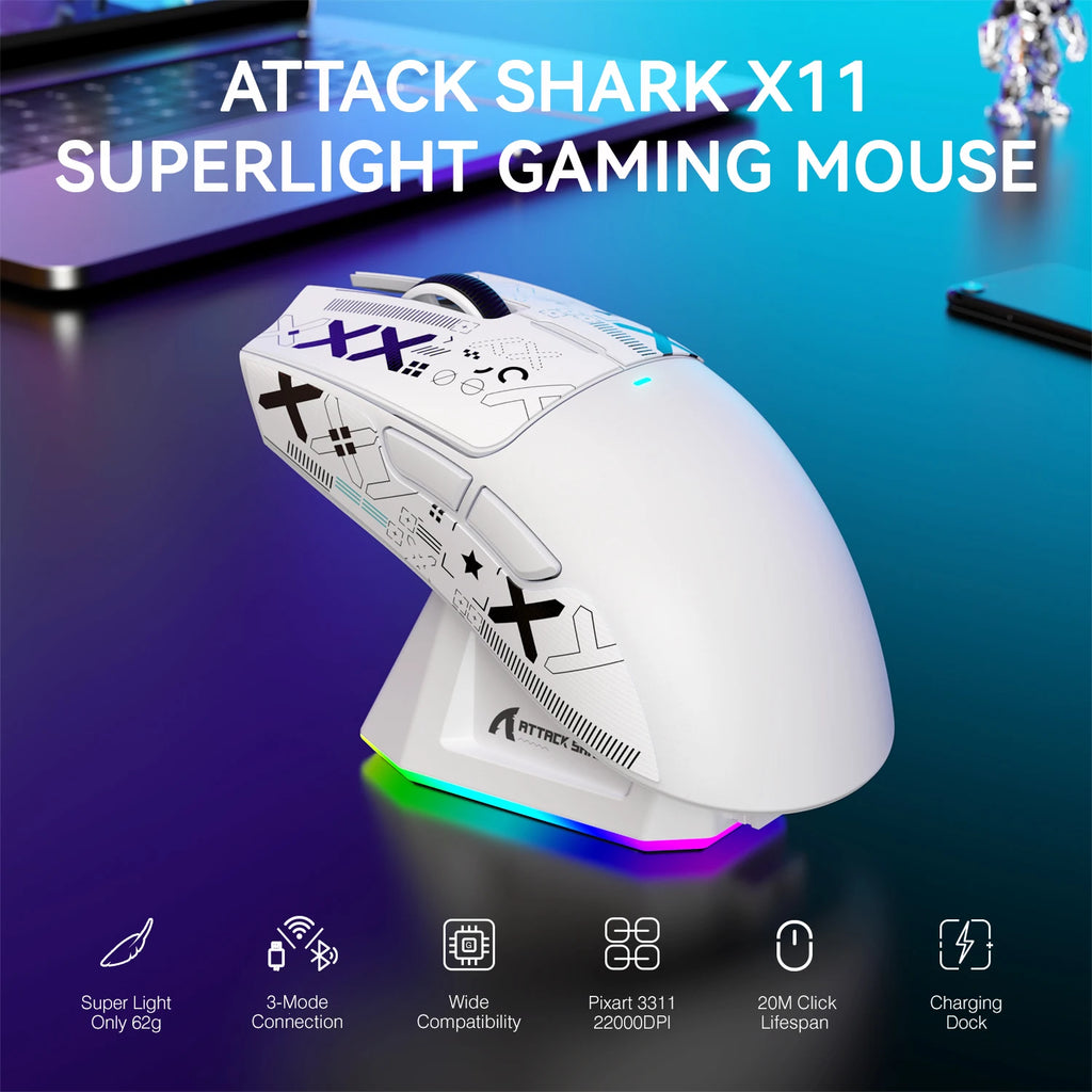ATTACK SHARK X11 Lightweight Wireless Gaming Mouse with RGB Charging Dock