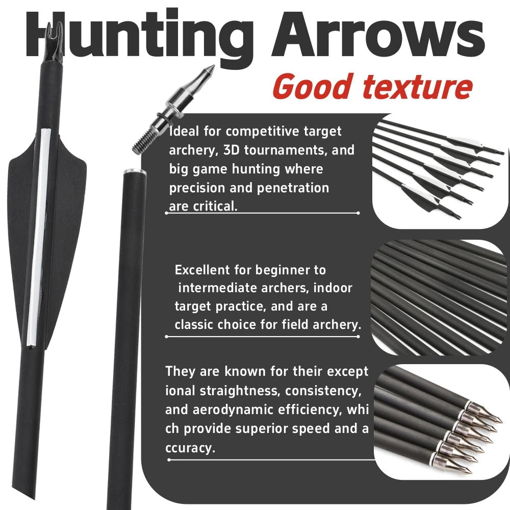 Mixed Carbon Arrows 12pcs 30/31.7 Inch Spine 500 with 3" Rubber Vanes 100 Grain Tips