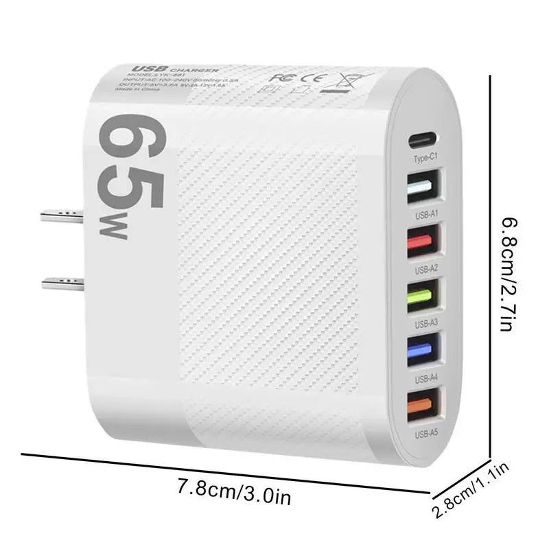 65W USB Charger 6 Ports Fast Charging PD Type C Phone Adapter