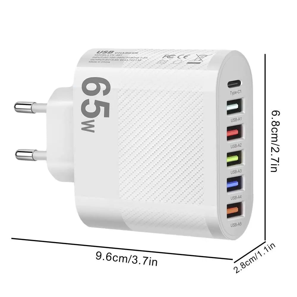65W USB Charger 6 Ports Fast Charging PD Type C Phone Adapter
