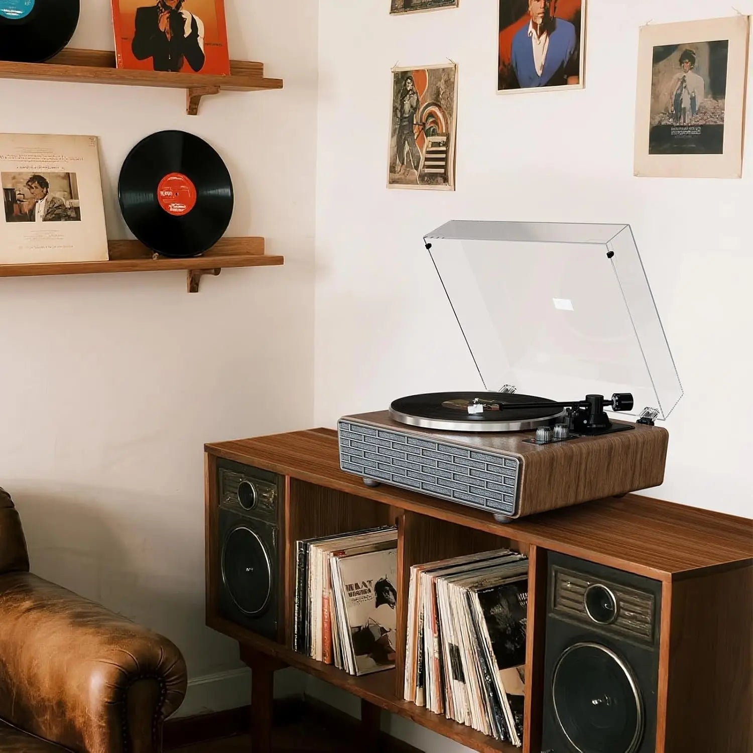 XJ-HOME All in One Vinyl Record Player with 4 Treble/Bass Stereo Speakers,Bluetooth AT-3600L,Phono Preamp,33/45RPM,2-Speed,AUX in/RCA Out