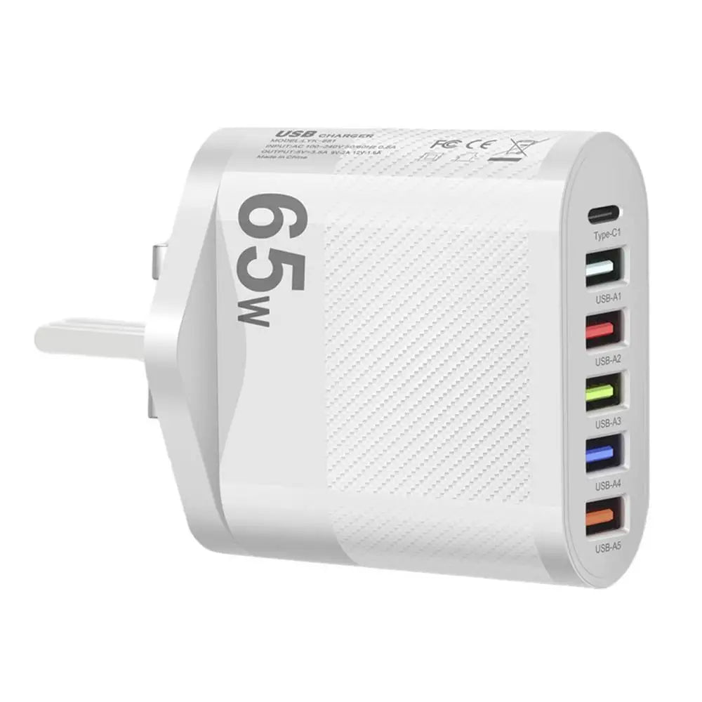 65W USB Charger 6 Ports Fast Charging PD Type C Phone Adapter