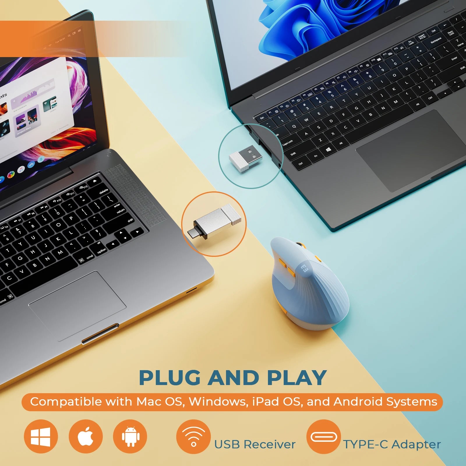 SEENDA Vertical Wireless Mouse Type C Rechargeable Ergonomic USB & Type C Mice