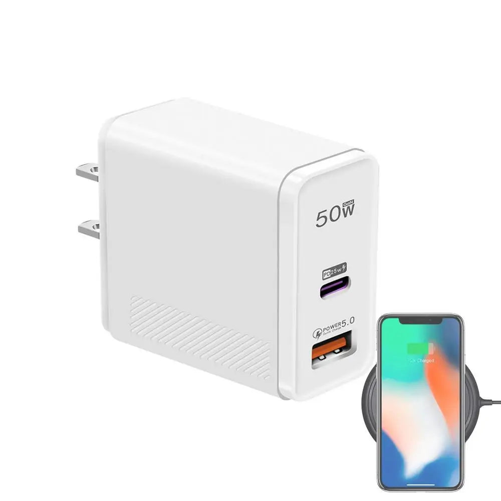 GaN Charger Plug 50W GaN Dual Port Wall Charger USB Charging Block Plug Station Hub USB C & QC Power Adapter For Tablets Smart