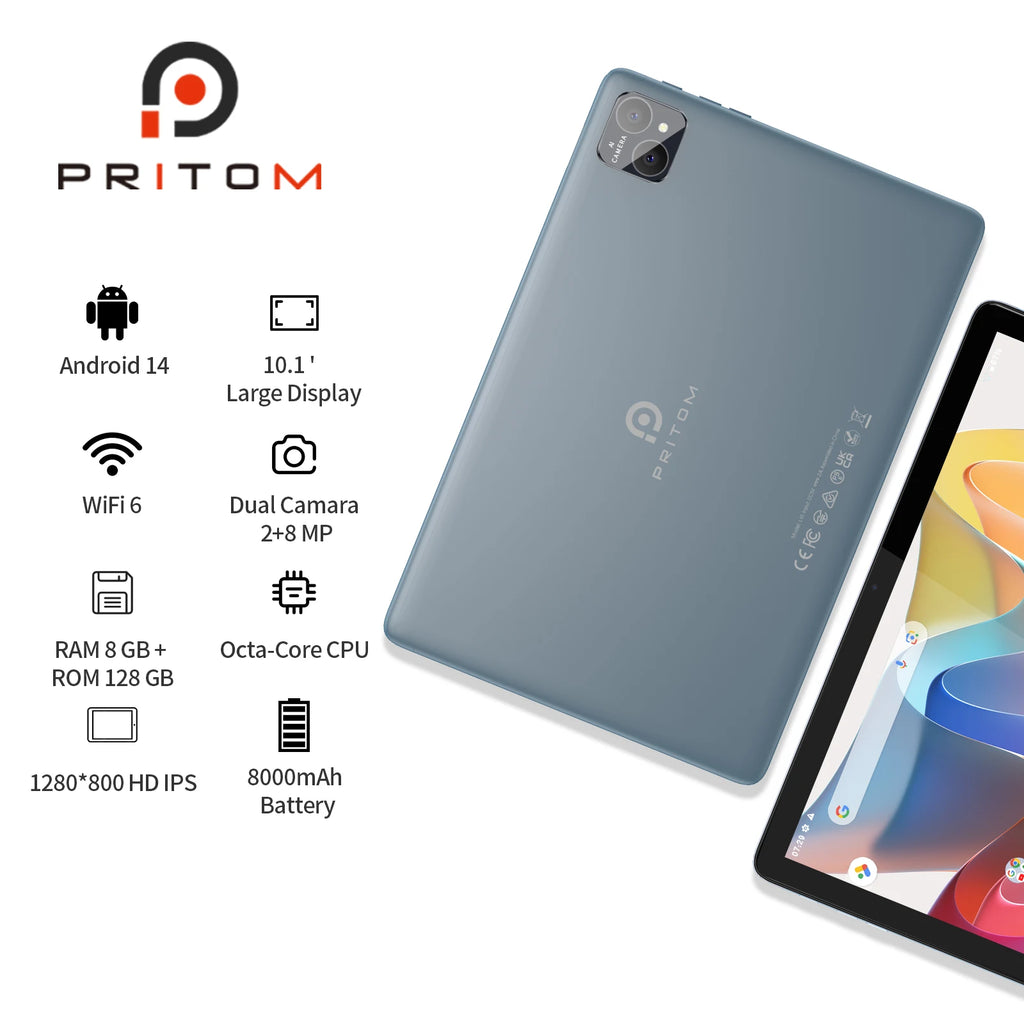 PRITOM Android 14 Tablet 10.1 Inch, 8GB(4+4 Expand) RAM + 128GB ROM, Octa Core, 5G WiFi