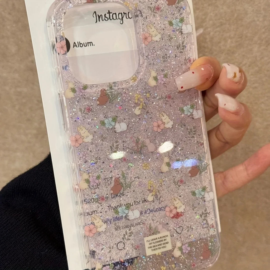 Spring Purple Flower Rabbit, Glitter Sequins Non-Slip Phone Case For 17 16 15 14 13 12 11Pro Max, Plus
