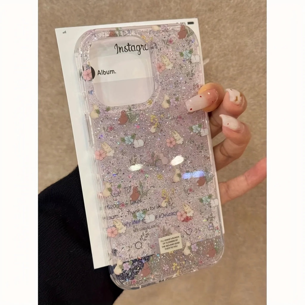 Spring Purple Flower Rabbit, Glitter Sequins Non-Slip Phone Case For 17 16 15 14 13 12 11Pro Max, Plus
