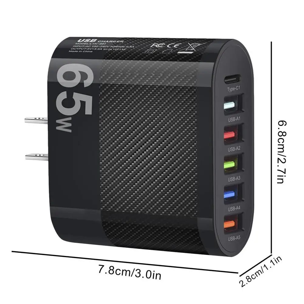 65W USB Charger 6 Ports Fast Charging PD Type C Phone Adapter