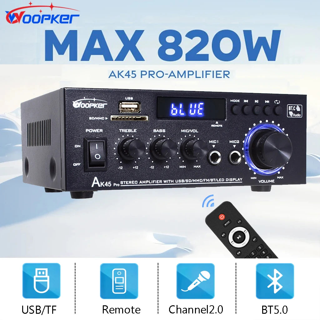 Woopker AK45 Pro Audio Amplifier Max Output 820W Channel 2.0 Bluetooth AMP Karaoke