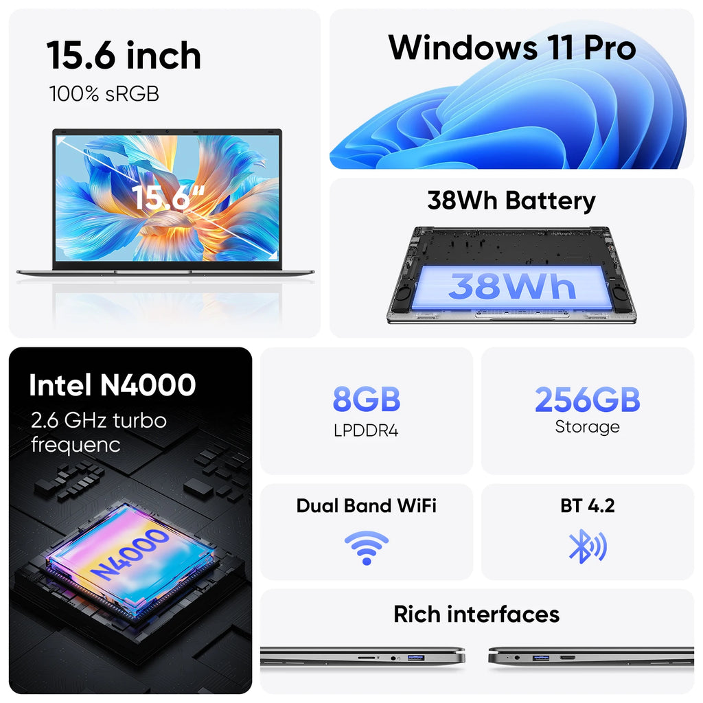 15.6 "Thin & Portable Laptop Computer Intel Celeron N4000 8GB RAM 256GB SSD FHD 1920x1080 16:9 Display