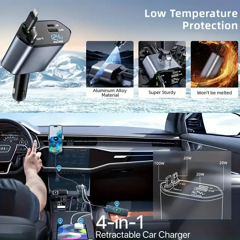 4 in 1 120W Car Charger Retractable Car Cigarette Lighter Adapter USB Type C Fast Charger Cable