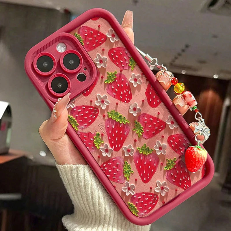 Flower Strawberry Painting Pendant Chain Phone Case For iPhone 17 16 15 14 13 12 11 Pro Max 16E XS X XR 7 8 Plus