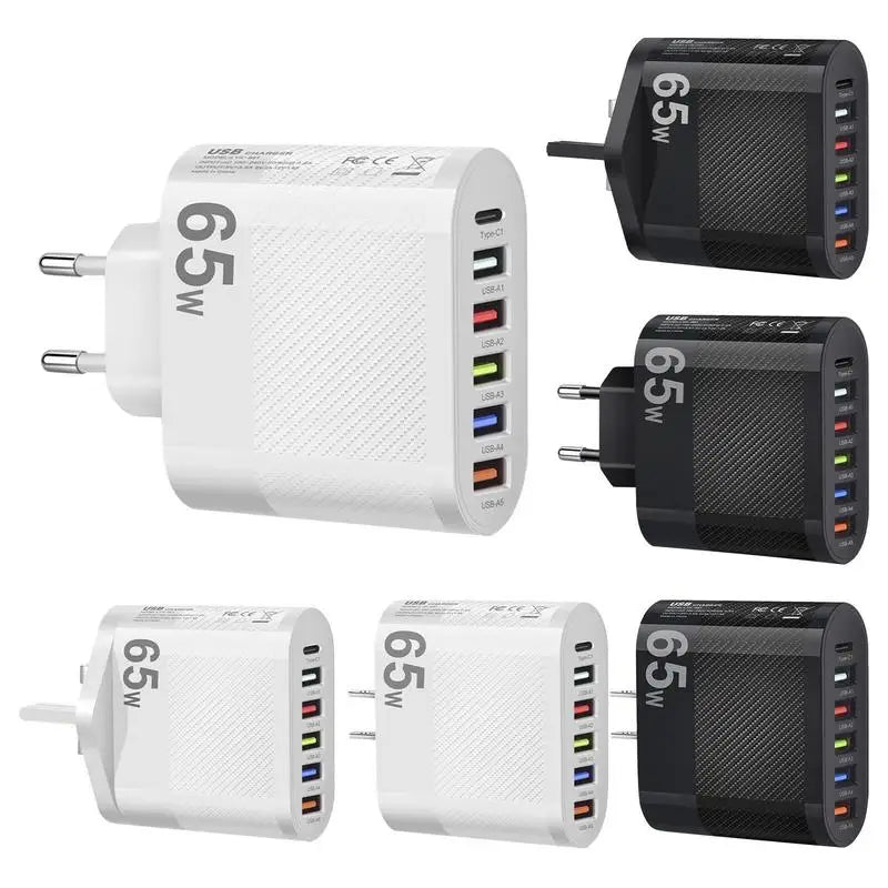 65W USB Charger 6 Ports Fast Charging PD Type C Phone Adapter
