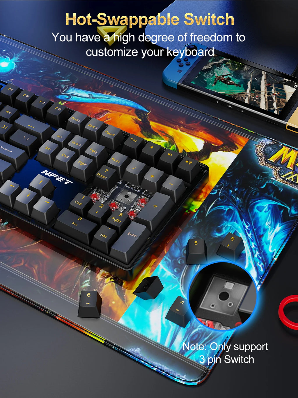NPET 87 Keys RGB Mechanical Keyboard, Wired 20+ Backlit Modes, Ergonomic Hot Swappable Design