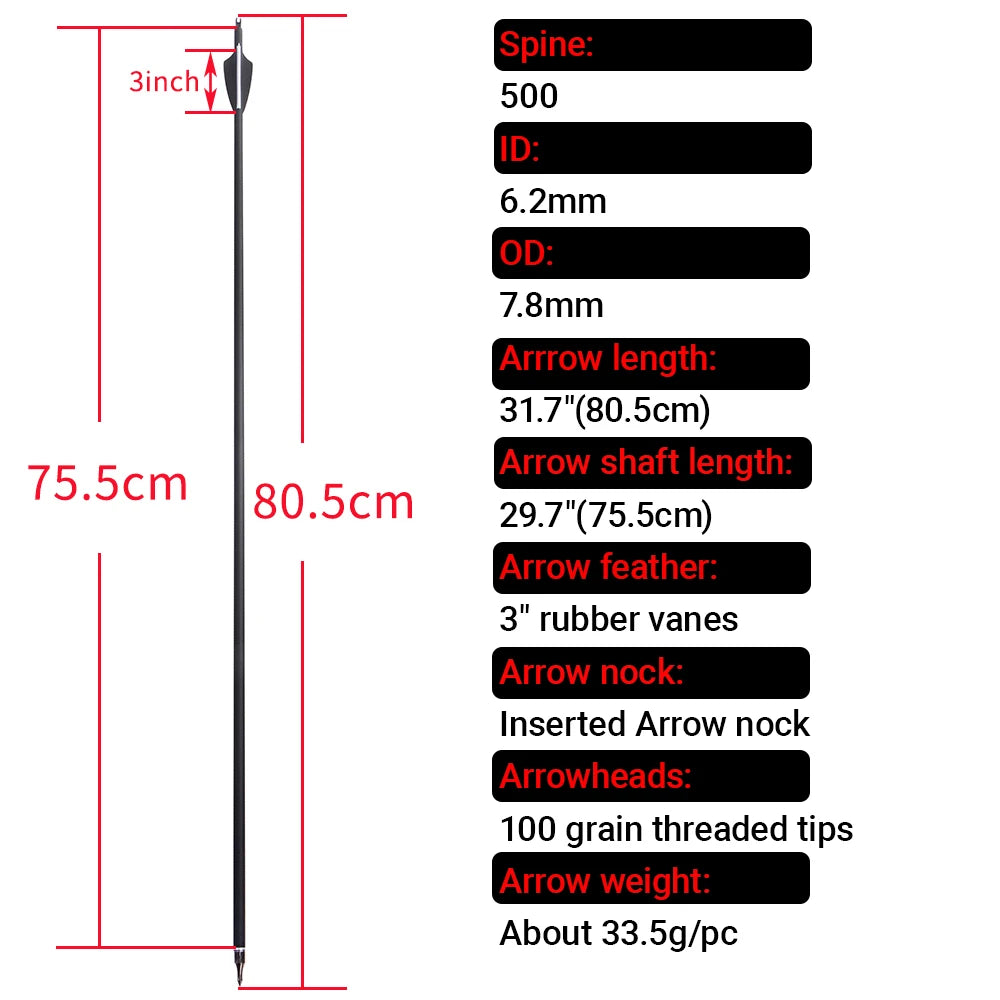 Mixed Carbon Arrows 12pcs 30/31.7 Inch Spine 500 with 3" Rubber Vanes 100 Grain Tips